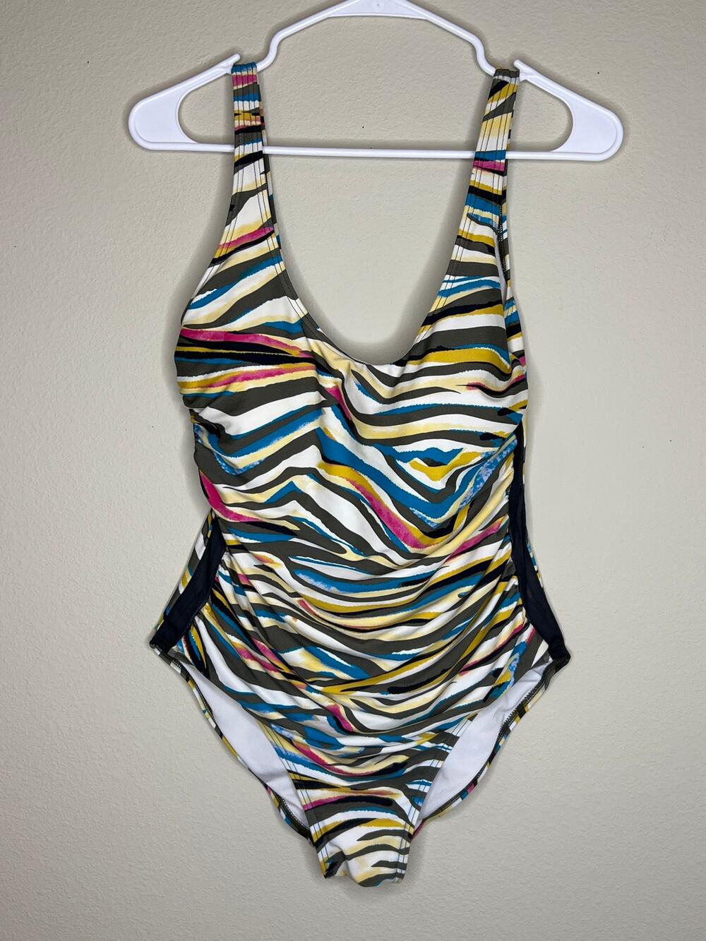 DKNY NWOT Colorful Zebra Abstract Print Ruched Mesh One Piece Swimsuit Size 10